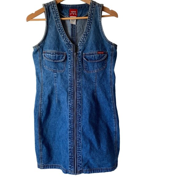 SQZ Dresses & Skirts - SQZ 90's Vtg Denim blue dress full zip front sleeveless retro women L